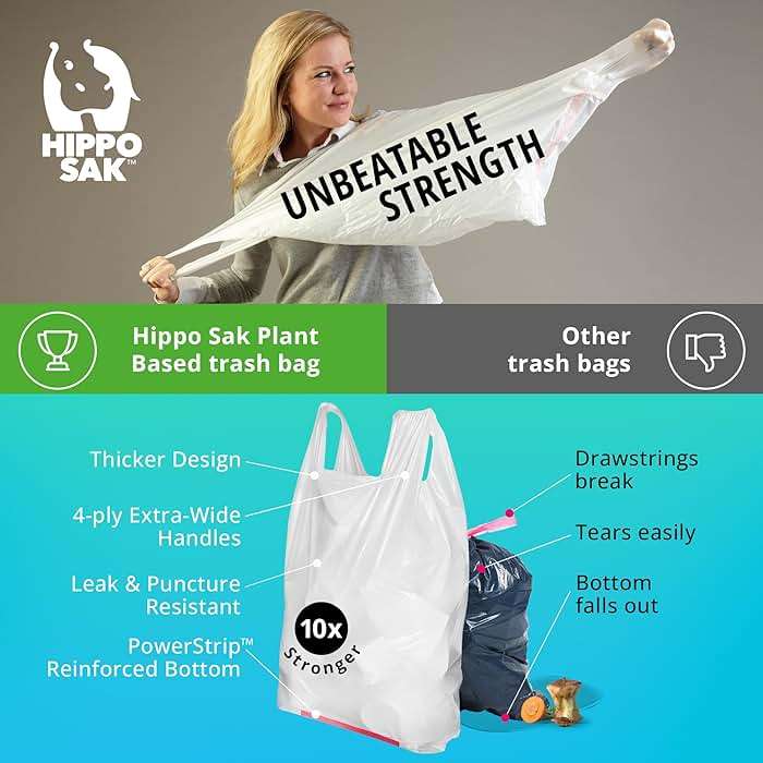 Hippo Sak - Plant Based Tall Kitchen Garbage Bags with Ergonomic Handles - 13 Gallon Trash Bags - Recyclable & Eco Friendly - Super Strong and Leak Proof Tall Kitchen Trash Bags (90 Count) - Image 4