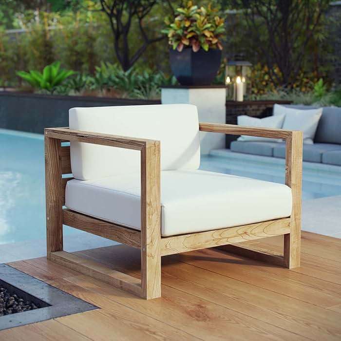 Modway Upland Teak Wood Outdoor Patio armchair with Cushions in Natural White - Image 6