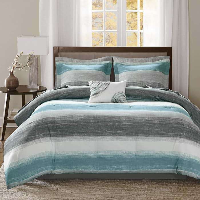 Madison Park Essentials Queen Comforter Set, Bed in a Bag Queen, Watercolor Print Coastal Comforter & Chambray Cotton Sheet Set, All Season Bedding Set, Saben, Aqua Queen (90 in x 90 in) 9 Piece - Image 1