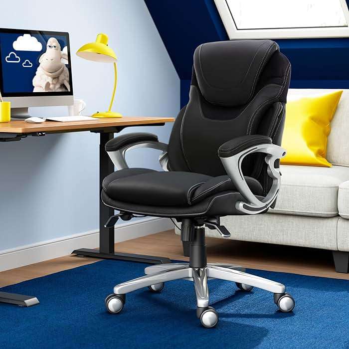 Serta Bryce Executive Office Chair - Ergonomic Computer DeskChair with Lumbar Technology - Adjustable Height - Memory Foam Body Pillows - 360° Swivel Rolling Base - Bonded Leather - Black - Image 2