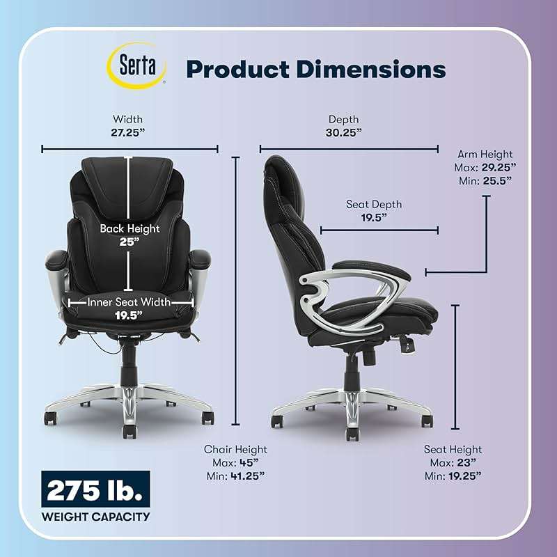 Serta Bryce Executive Office Chair - Ergonomic Computer DeskChair with Lumbar Technology - Adjustable Height - Memory Foam Body Pillows - 360° Swivel Rolling Base - Bonded Leather - Black - Image 3
