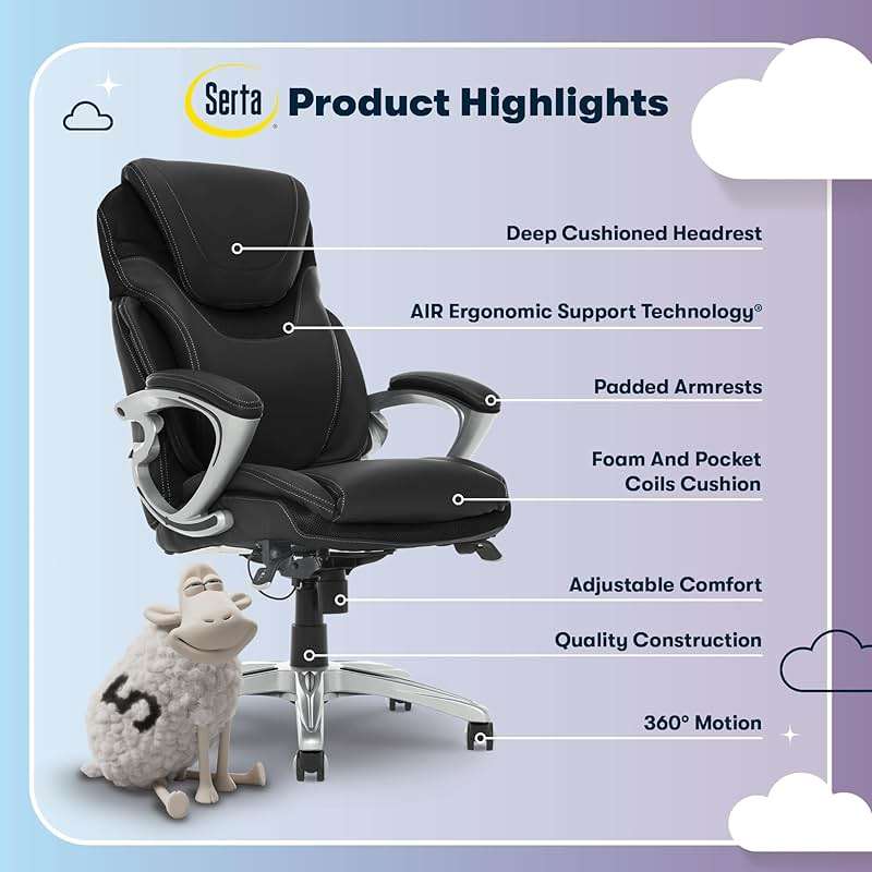 Serta Bryce Executive Office Chair - Ergonomic Computer DeskChair with Lumbar Technology - Adjustable Height - Memory Foam Body Pillows - 360° Swivel Rolling Base - Bonded Leather - Black - Image 4