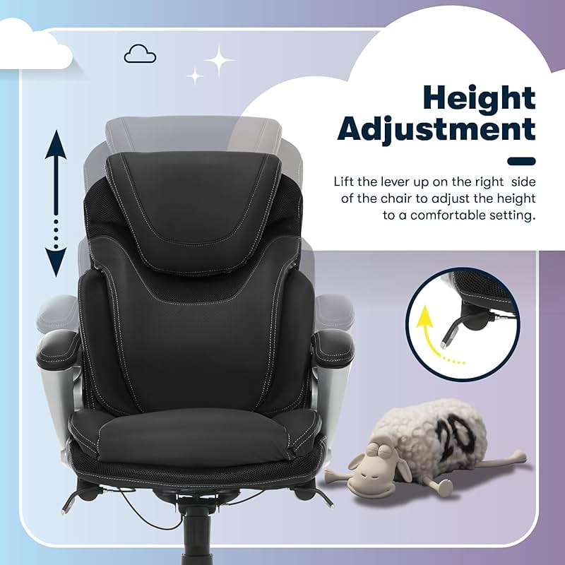 Serta Bryce Executive Office Chair - Ergonomic Computer DeskChair with Lumbar Technology - Adjustable Height - Memory Foam Body Pillows - 360° Swivel Rolling Base - Bonded Leather - Black - Image 7