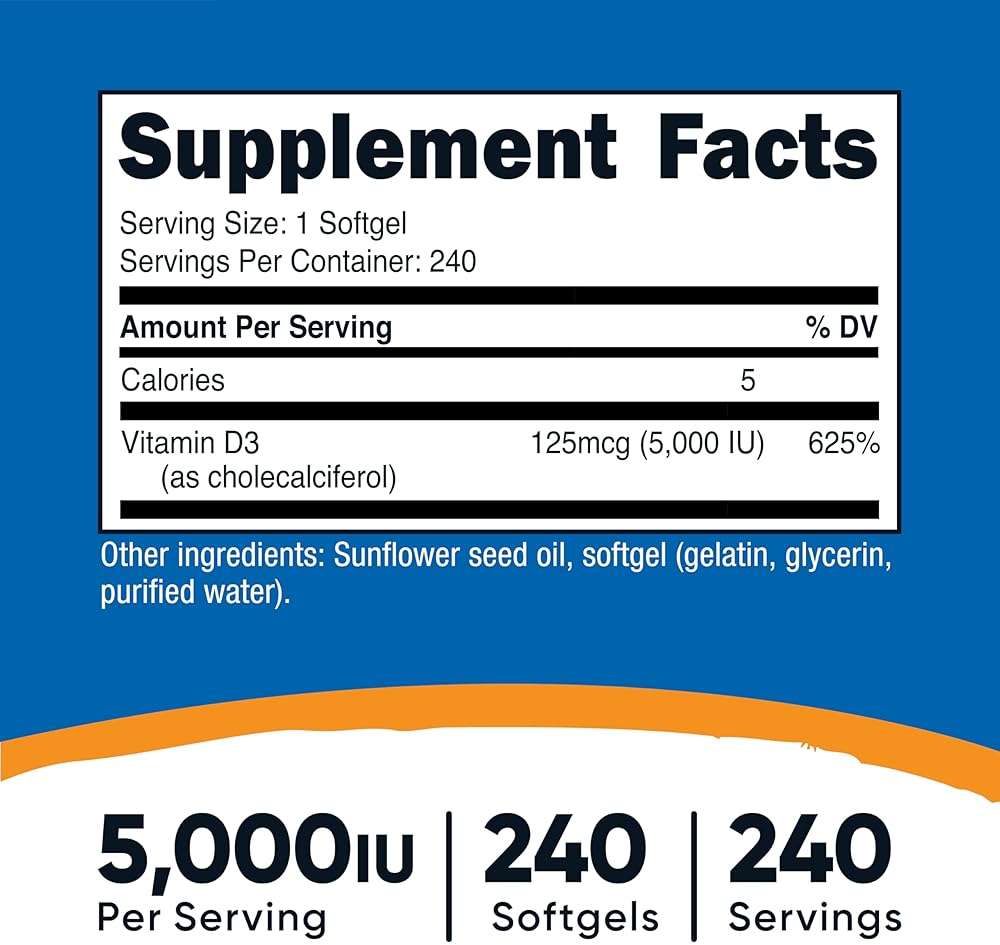 Nutricost Vitamin D3 5,000 IU (125mcg), 240 Softgels - Non-GMO and Gluten Free Vitamin D - Image 2