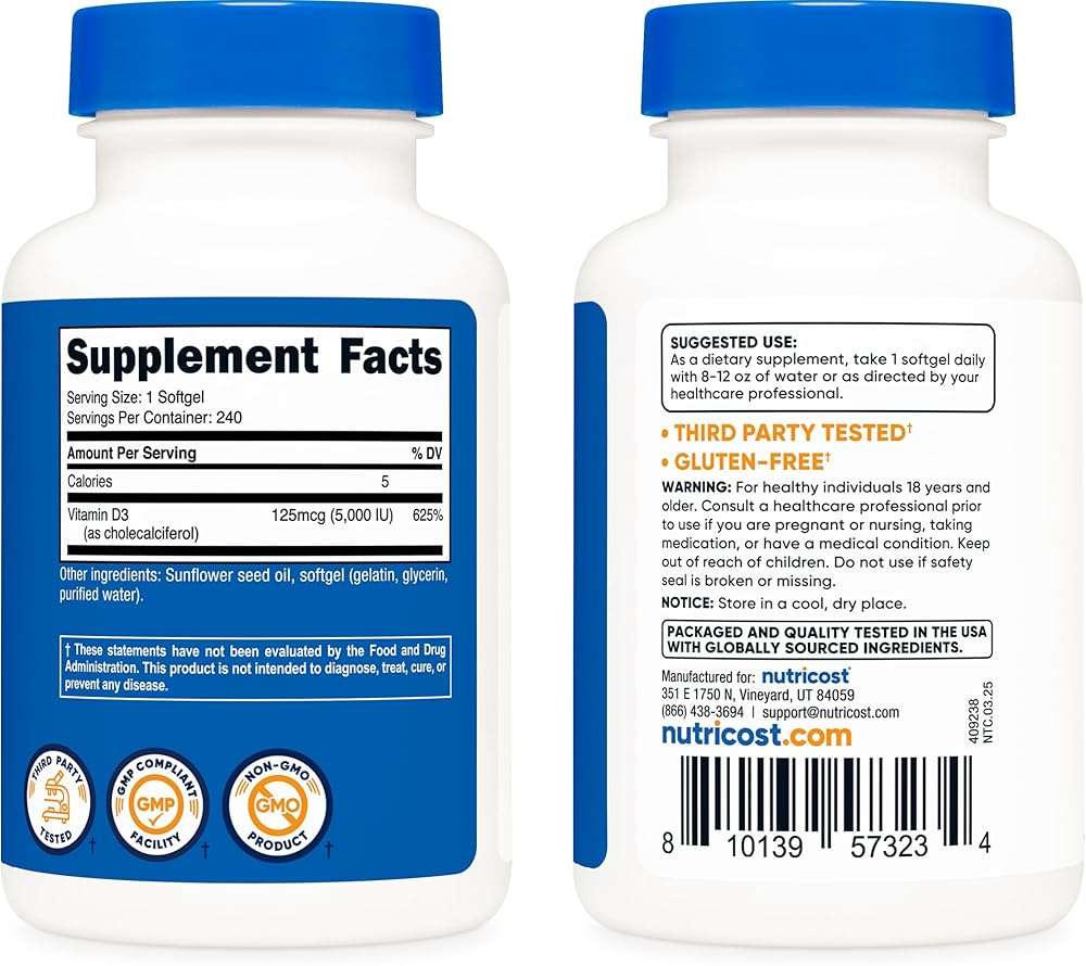 Nutricost Vitamin D3 5,000 IU (125mcg), 240 Softgels - Non-GMO and Gluten Free Vitamin D - Image 4