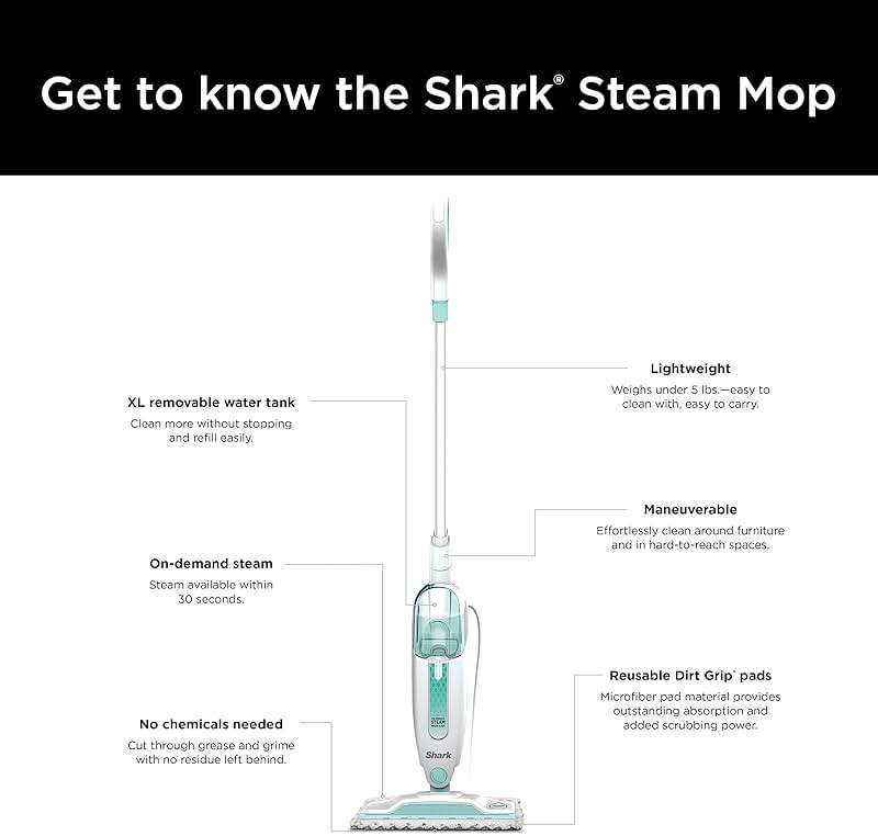 Shark Steam Mop with 2 Machine Washable Dirt Grip Pads, Removable Water Tank, Lightweight, Steam Cleaner for sealed Hard Floors, Marble, Stone, Hardwood, Tile, Laminate, White/Seafoam, S1000 - Image 11