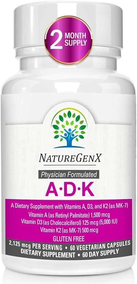 NatureGenX ADK Vitamin Supplement – Vitamins A, D3 & K2 MK-7 for Bone Health & Calcium Absorption – Gluten-Free, Non-GMO, Soy-Free – 60 Capsules (2-Month Supply) - Image 1