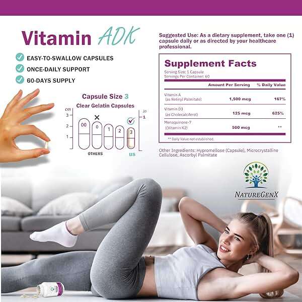 NatureGenX ADK Vitamin Supplement – Vitamins A, D3 & K2 MK-7 for Bone Health & Calcium Absorption – Gluten-Free, Non-GMO, Soy-Free – 60 Capsules (2-Month Supply) - Image 3
