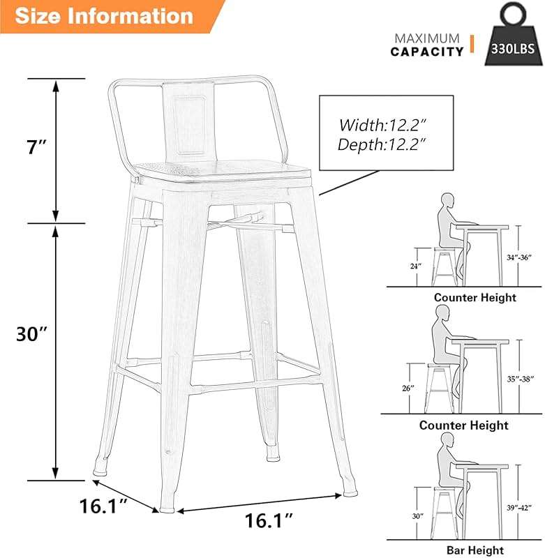 Yongchuang 30 inch Bar Stools Set of 4 Bar Height Metal Barstools with Wood Seat Low Back Kitchen Bar Chairs Matte Black - Image 3