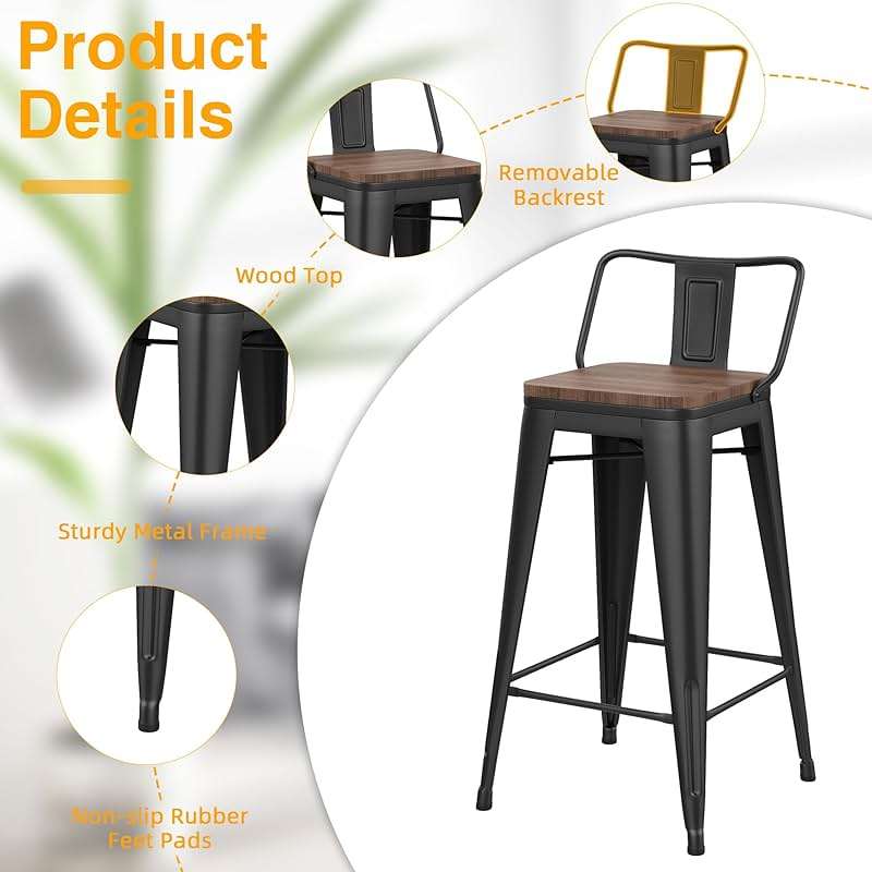 Yongchuang 30 inch Bar Stools Set of 4 Bar Height Metal Barstools with Wood Seat Low Back Kitchen Bar Chairs Matte Black - Image 5