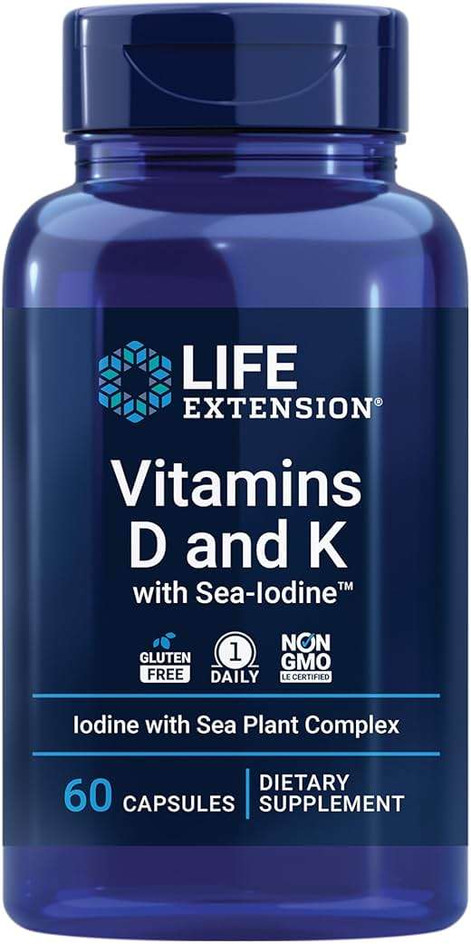 Life Extension Vitamins D and K with Sea-Iodine, Vitamin D3, Vitamin K1 and K2, Iodine, Supports Immune, Bone, arterial and Thyroid Health, Non-GMO, Gluten-Free, 60 Capsules - Image 1