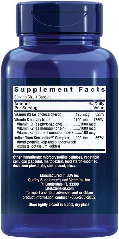 Life Extension Vitamins D and K with Sea-Iodine, Vitamin D3, Vitamin K1 and K2, Iodine, Supports Immune, Bone, arterial and Thyroid Health, Non-GMO, Gluten-Free, 60 Capsules - Image 2