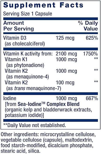 Life Extension Vitamins D and K with Sea-Iodine, Vitamin D3, Vitamin K1 and K2, Iodine, Supports Immune, Bone, arterial and Thyroid Health, Non-GMO, Gluten-Free, 60 Capsules - Image 3