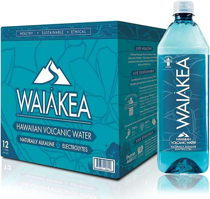 Waiakea Hawaiian Volcanic Water, Naturally Alkaline, 100% Recycled Bottle, 1L (Pack of 12), 33.8 Fl Oz (Pack of 12) - Image 1