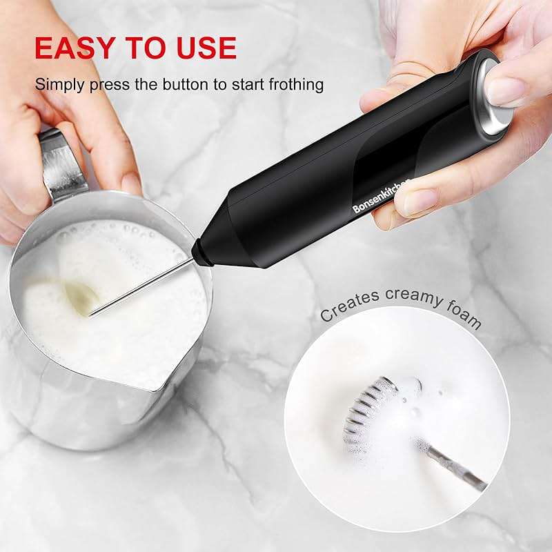 Bonsenkitchen Powerful Milk Frother for Coffee, Fast Handheld Drink Mixer with Stainless Steel Whisk, Battery Operated Hand Frother Stirrer Wand-Black - Image 4