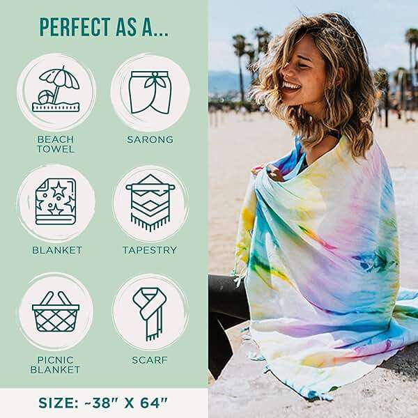 Sand Cloud Turkish Beach Towel - Sand Free - 100% Organic Turkish Cotton Yarn - Quick Dry Towel for Beach, Picnic Blanket or Throw - As Seen on Shark Tank - Tie Dye (Wanderlust) - Image 4