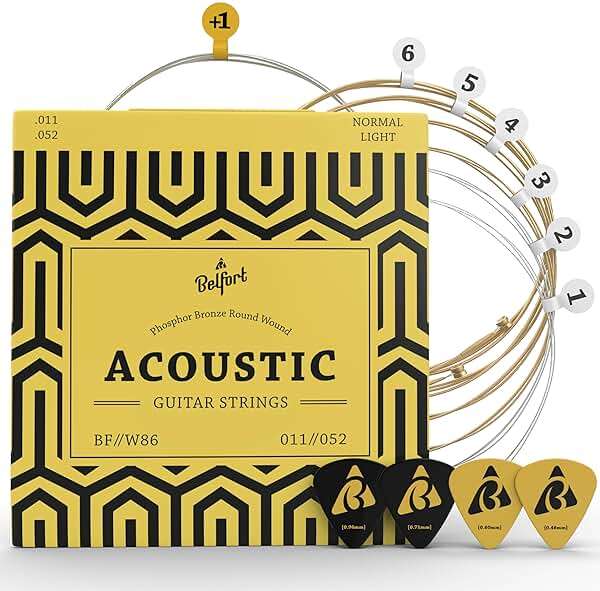 BELFORT® quality acoustic guitar strings - 6 string set - Premium coating with Phosphor Bronze (guitar strings acoustic 6 string set) BONUS: 4 Picks + 1 High E String - cuerdas para guitarra acustica - Image 1