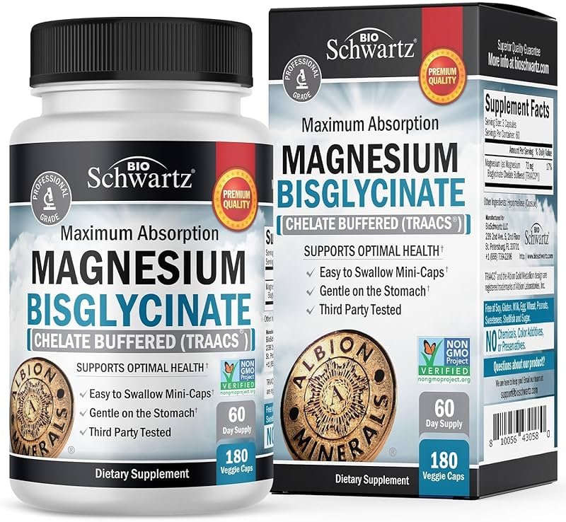 Magnesium Bisglycinate Chelated Supplement - High Absorption Magnesium Glycinate Supplement for Women and Men - Sleep, Muscle, Bone & Joint Support - Non-GMO, Non-Laxative Chelate - 180 Capsules - Product Image