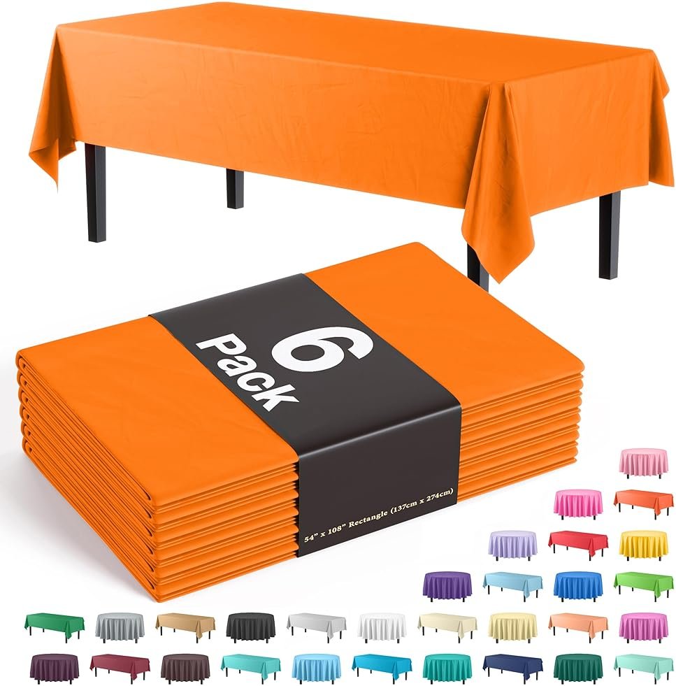 Exquisite Party Solids 6-Pack Premium Plastic Tablecloth 54in. x 108in. Rectangle Plastic Table Cover - Orange - Product Image