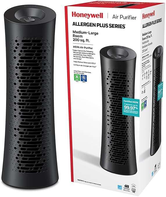 Honeywell HPA030 HEPA Tower Air Purifier, Airborne Allergen Reducer for Medium/Large Rooms (200 sq ft), Black - Wildfire/Smoke, Pollen, Pet Dander, and Dust Air Purifier - Image 1