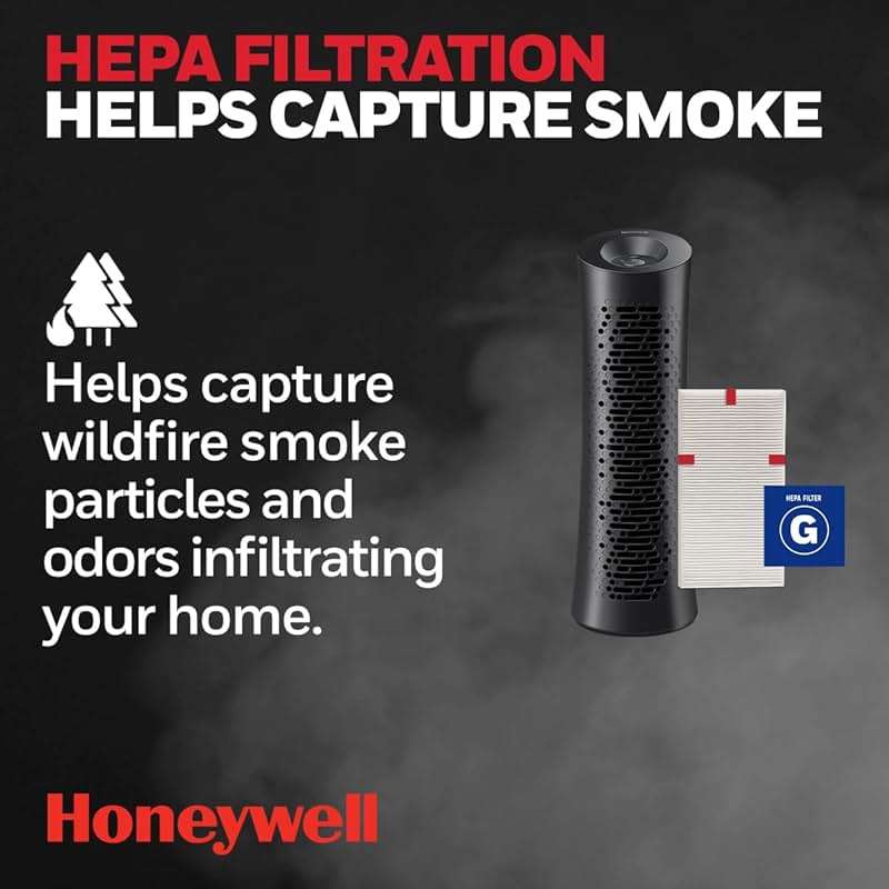 Honeywell HPA030 HEPA Tower Air Purifier, Airborne Allergen Reducer for Medium/Large Rooms (200 sq ft), Black - Wildfire/Smoke, Pollen, Pet Dander, and Dust Air Purifier - Image 5