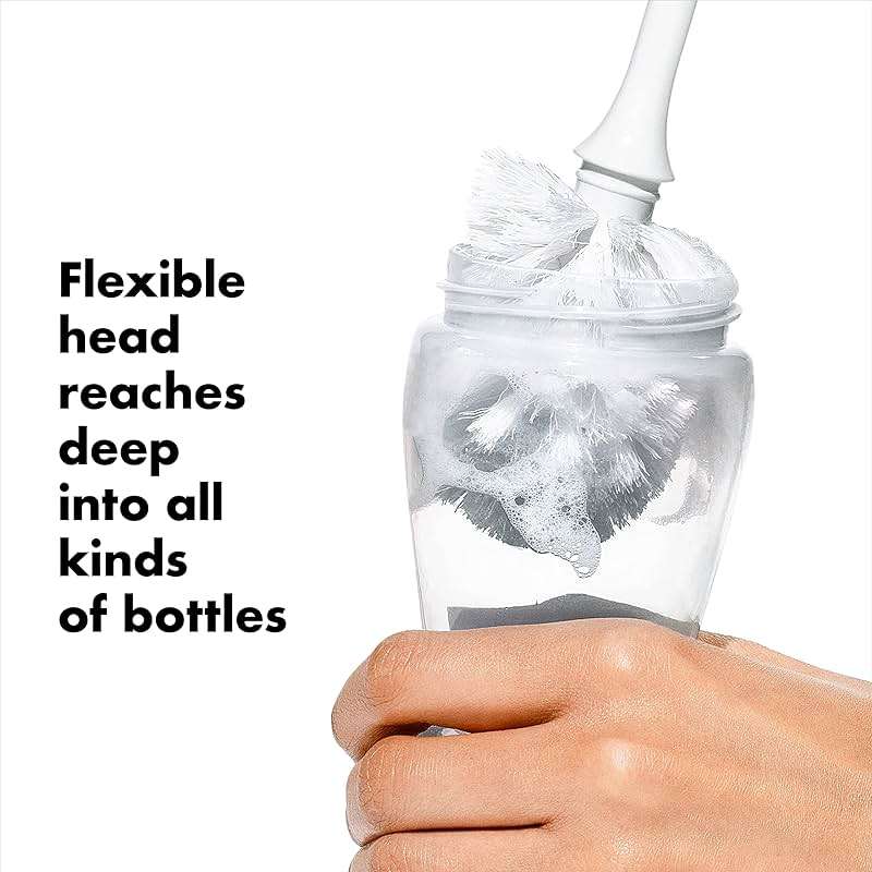 OXO Tot Baby Bottle Brush with Nipple Cleaner, Gray, Soft Bristle Touch, Ideal for Glass Baby Bottle - Image 4