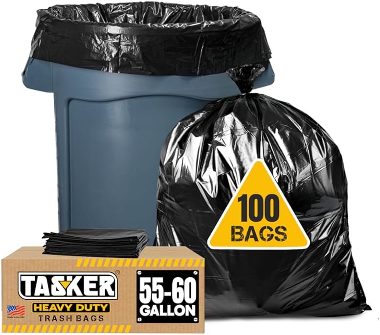 Tasker 55-60 Gallon Trash Bags Heavy Duty, (Value Pack 100 Bags w/Ties) Large Black Outdoor Trash Bags, Extra Large Trash Can Liners, 60 Gal, 55 Gal, 50 Gallon Trash Can Liner Capacity - Product Image