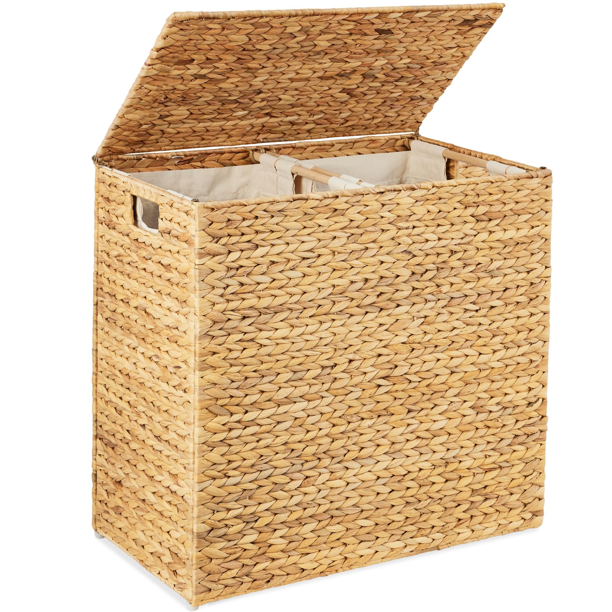 Best Choice Products Large Double Laundry Hamper with Lid, Natural Handwoven Water Hyacinth, 2 Sections w/ 2 Machine Washable Linen Liner Bags, Portable, Handles - Natural - Product Image