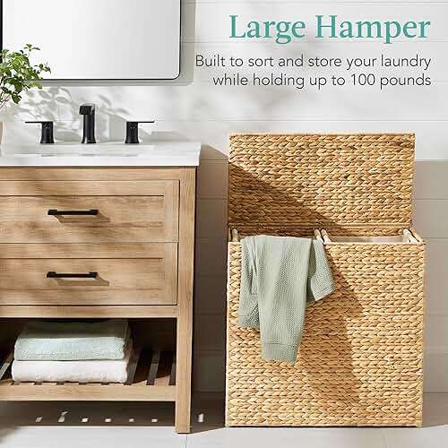 Best Choice Products Large Double Laundry Hamper with Lid, Natural Handwoven Water Hyacinth, 2 Sections w/ 2 Machine Washable Linen Liner Bags, Portable, Handles - Natural - Image 3