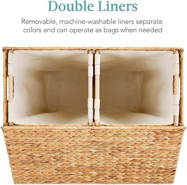 Best Choice Products Large Double Laundry Hamper with Lid, Natural Handwoven Water Hyacinth, 2 Sections w/ 2 Machine Washable Linen Liner Bags, Portable, Handles - Natural - Image 4