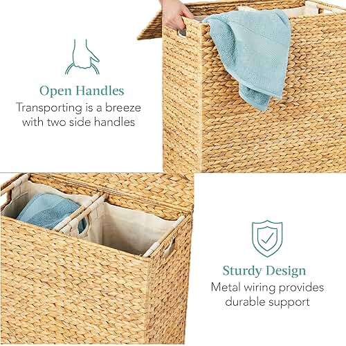 Best Choice Products Large Double Laundry Hamper with Lid, Natural Handwoven Water Hyacinth, 2 Sections w/ 2 Machine Washable Linen Liner Bags, Portable, Handles - Natural - Image 5