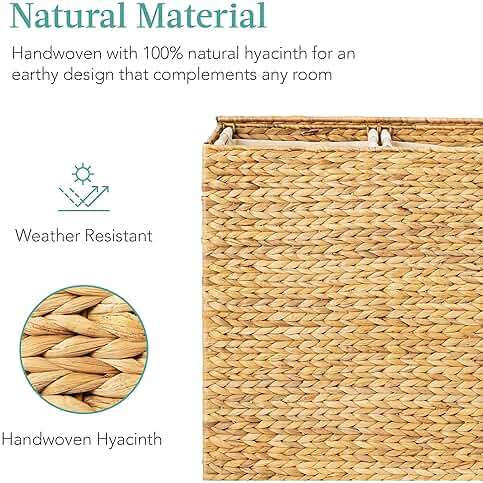 Best Choice Products Large Double Laundry Hamper with Lid, Natural Handwoven Water Hyacinth, 2 Sections w/ 2 Machine Washable Linen Liner Bags, Portable, Handles - Natural - Image 6
