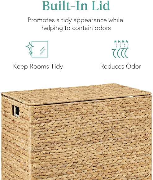 Best Choice Products Large Double Laundry Hamper with Lid, Natural Handwoven Water Hyacinth, 2 Sections w/ 2 Machine Washable Linen Liner Bags, Portable, Handles - Natural - Image 7
