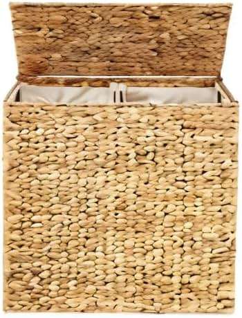 Best Choice Products Large Double Laundry Hamper with Lid, Natural Handwoven Water Hyacinth, 2 Sections w/ 2 Machine Washable Linen Liner Bags, Portable, Handles - Natural - Image 8
