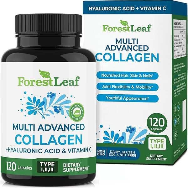 ForestLeaf Multi Collagen Pills with Hyaluronic Acid + Vitamin C | Hydrolyzed Collagen Supplements for Women or Men | Multi Collagen Capsules Peptides for Skin, Wrinkles, 120 Caps - Product Image