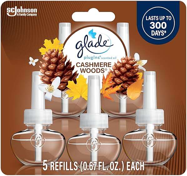 Glade PlugIns Refills Air Freshener, Scented and Essential Oils for Home and Bathroom, Cashmere Woods, 3.35 Fl Oz, 5 Count - Image 1