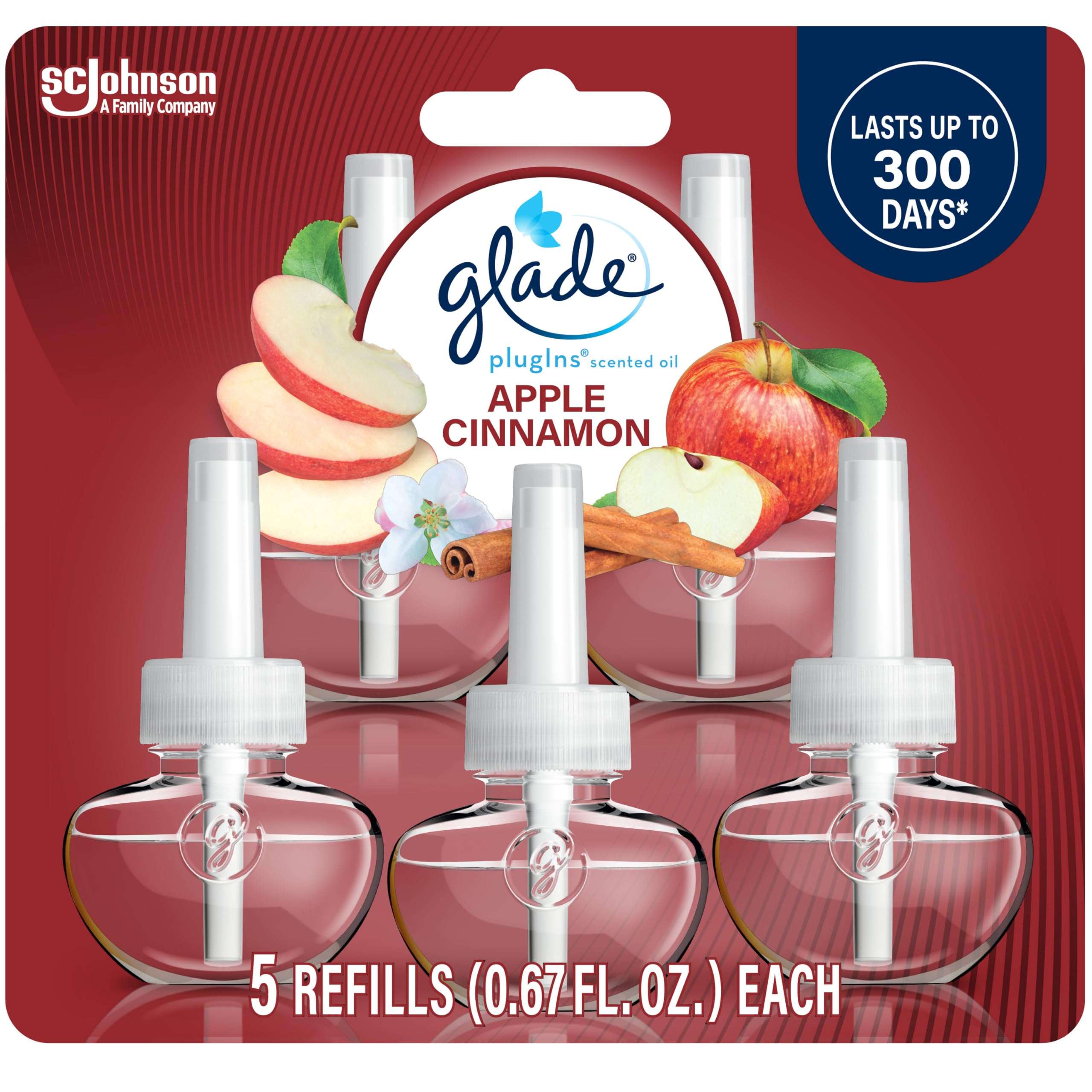 Glade PlugIns Refills Air Freshener, Scented and Essential Oils for Home and Bathroom, Apple Cinnamon, 3.35 Fl Oz, 5 Count - Image 1