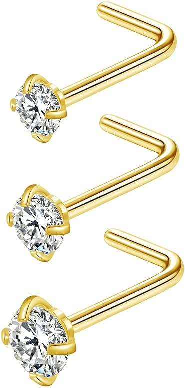 Zifoan 3 Pcs Stainless Steel Nose Rings Studs 20 Gauge L Shaped Curved Nose Piercing Jewelry 2mm 2.5mm 3mm Diamond CZ Nose Stud L Bend for Women Girl Piercing - Gold - Product Image