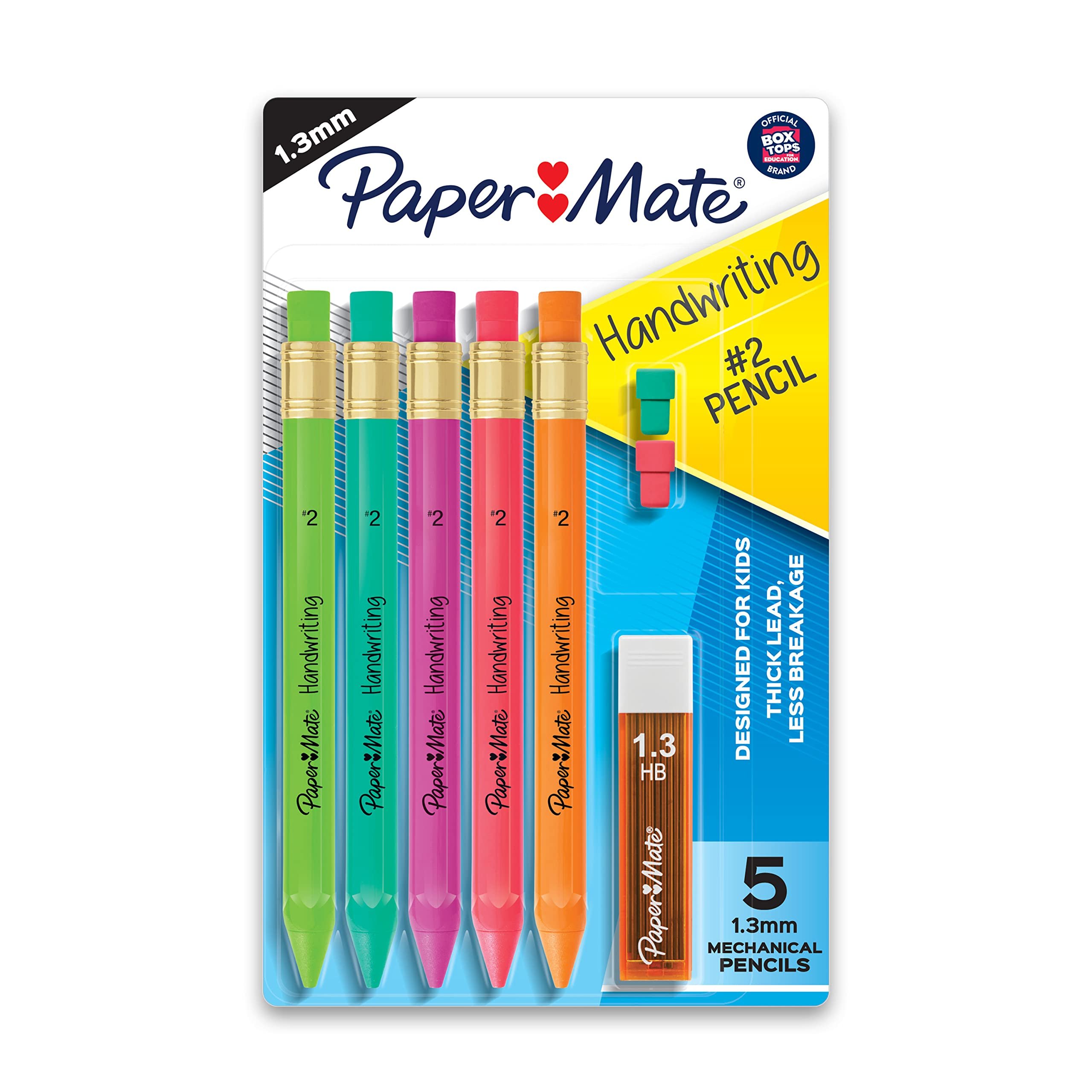 Paper Mate Handwriting Triangular Mechanical Pencil Set with Lead & Eraser Refills, 1.3mm, 8 Count - Back to School, Teacher Supplies, Home, Kids Writing, Fun Barrel Colors - Product Image