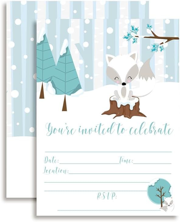 Arctic Winter Fox Birthday 20 Party Invitations 5x7 Fill-In Cards with Envelopes, Kids Winter Celebration Stationery, Cute Snowy Design Birthday Party Invitations, Made in USA by Amanda Creation - Product Image