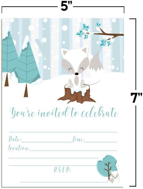 Arctic Winter Fox Birthday 20 Party Invitations 5x7 Fill-In Cards with Envelopes, Kids Winter Celebration Stationery, Cute Snowy Design Birthday Party Invitations, Made in USA by Amanda Creation - Image 2