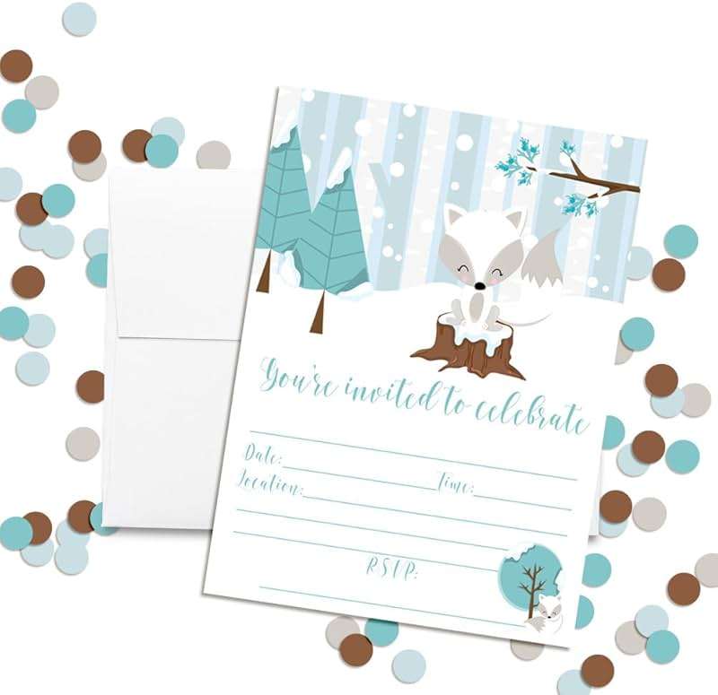Arctic Winter Fox Birthday 20 Party Invitations 5x7 Fill-In Cards with Envelopes, Kids Winter Celebration Stationery, Cute Snowy Design Birthday Party Invitations, Made in USA by Amanda Creation - Image 3