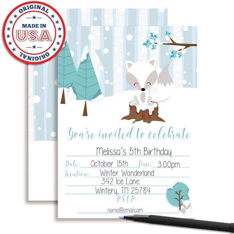 Arctic Winter Fox Birthday 20 Party Invitations 5x7 Fill-In Cards with Envelopes, Kids Winter Celebration Stationery, Cute Snowy Design Birthday Party Invitations, Made in USA by Amanda Creation - Image 4