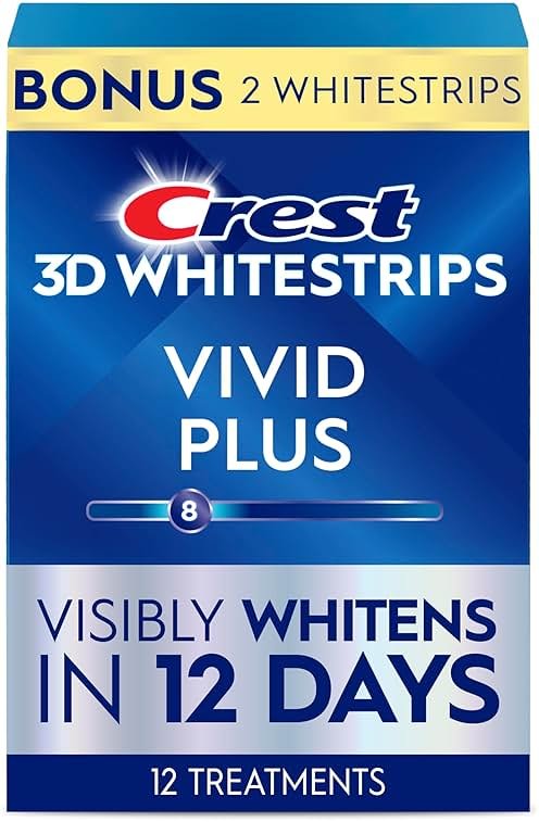Crest 3D Whitestrips Vivid Plus, Teeth Whitening Strip Kit, 10 Treatments + 2 Bonus Treatments (Each with 1 Upper/1 Lower Strip), 24 Strips, 8 Levels Whiter, Teeth Whitening Kit - Product Image
