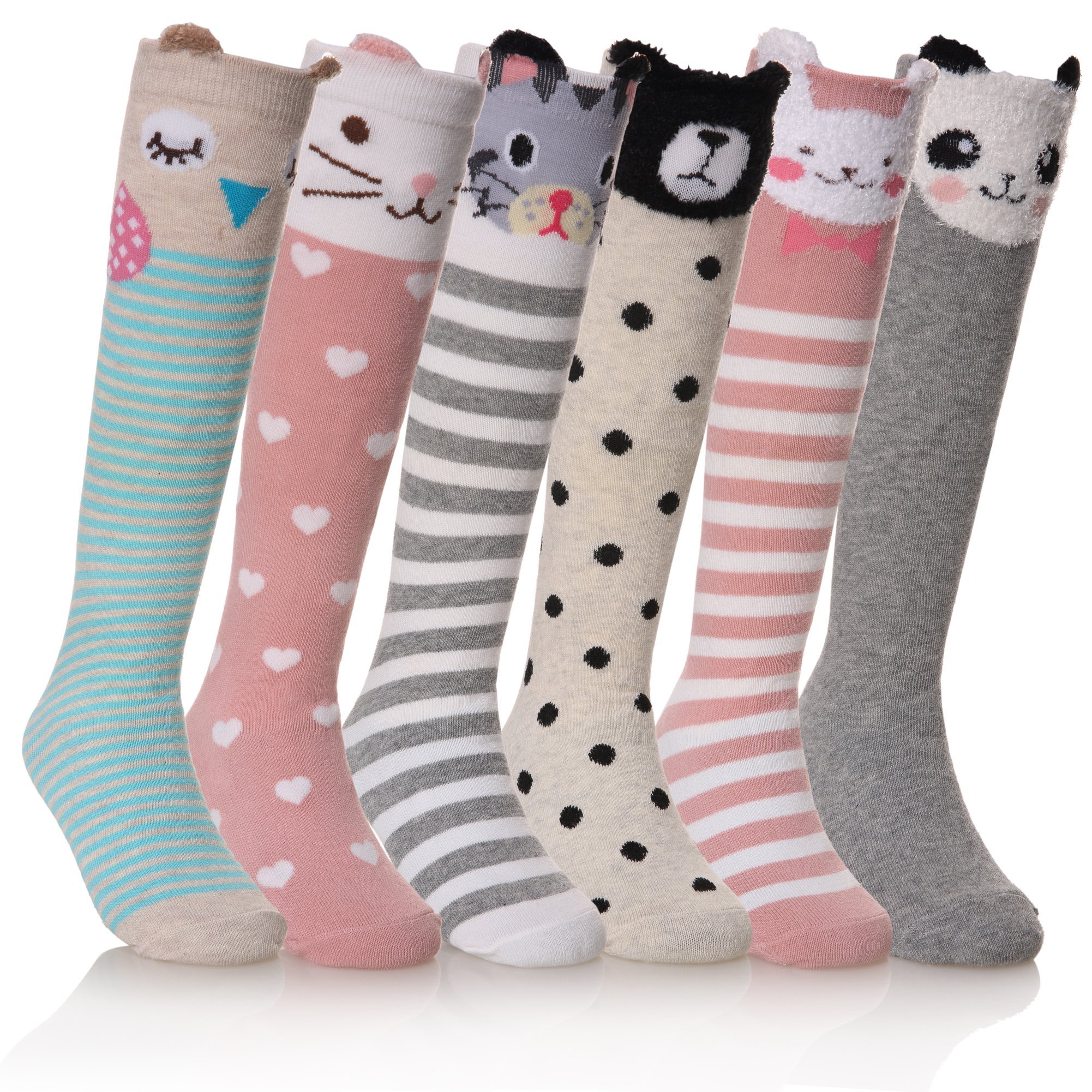 FNOVCO Girls Knee High Socks Kids Crazy Fun Gift Cute Animal Patterns Cotton Long Socks 6 Pairs - Product Image