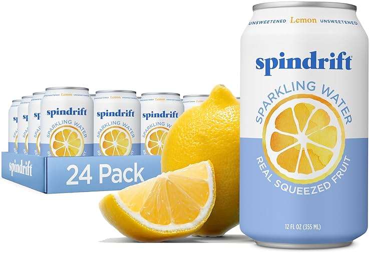 Spindrift Sparkling Water, Lemon Flavored, Made with Real Squeezed Fruit, 12 Fl Oz Cans, Pack of 24 (Only 3 Calories per Can) - Image 1