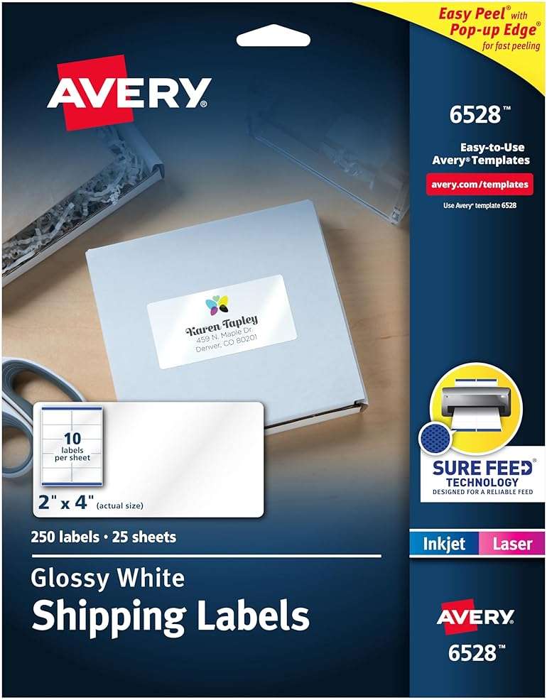 Avery Shipping Labels, Sure Feed and Easy Peel Technology, Glossy White Labels, 2" x 4", Permanent Adhesive, Laser/Inkjet, 250 Total (6528) - Image 1