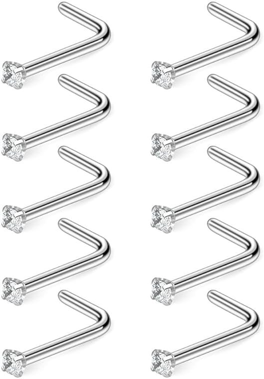 Ruifan 10-40PCS 18G Surgical Steel Diamond CZ Nose Stud Rings L Shaped Piercing Jewelry 1.5mm 2mm 2.5mm 3mm - Product Image