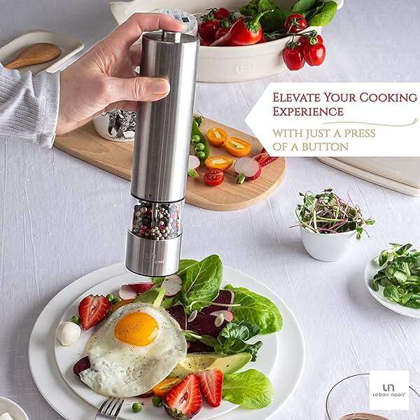 Urban Noon Electric Salt and Pepper Grinder Set (2 Mills, 8.1" Tall) - One-Handed Push-Button Mills with LED Light, Adjustable Ceramic Coarseness, Gift-Ready Box, 1-Year Warranty - Stainless Steel - Image 2