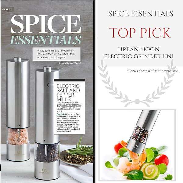 Urban Noon Electric Salt and Pepper Grinder Set (2 Mills, 8.1" Tall) - One-Handed Push-Button Mills with LED Light, Adjustable Ceramic Coarseness, Gift-Ready Box, 1-Year Warranty - Stainless Steel - Image 4